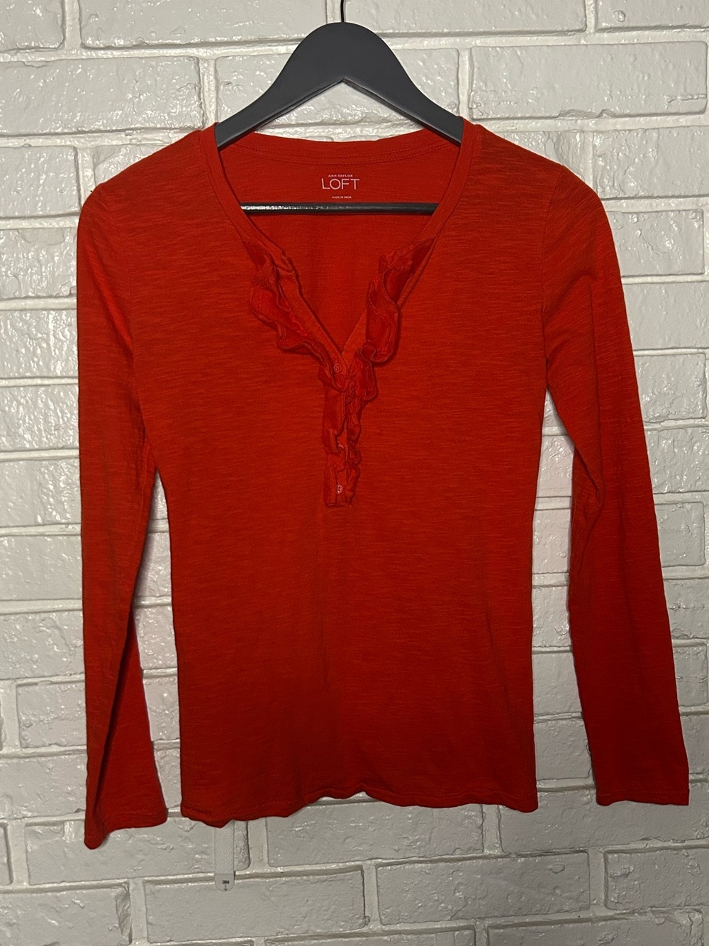 LOFT Women's Red Ruffle Henley Long Sleeve Top XS
